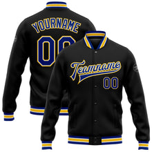 Load image into Gallery viewer, Custom Black Royal-Yellow Bomber Full-Snap Varsity Letterman Jacket