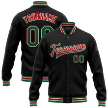 Load image into Gallery viewer, Custom Black Kelly Green-Red Bomber Full-Snap Varsity Letterman Jacket