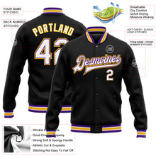 Load image into Gallery viewer, Custom Black White Purple-Gold Bomber Full-Snap Varsity Letterman Jacket