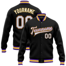 Load image into Gallery viewer, Custom Black White Purple-Gold Bomber Full-Snap Varsity Letterman Jacket