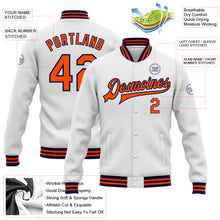 Load image into Gallery viewer, Custom White Orange-Navy Bomber Full-Snap Varsity Letterman Jacket