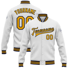 Load image into Gallery viewer, Custom White Gold-Navy Bomber Full-Snap Varsity Letterman Jacket
