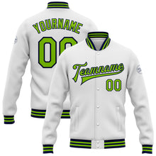 Load image into Gallery viewer, Custom White Neon Green-Navy Bomber Full-Snap Varsity Letterman Jacket