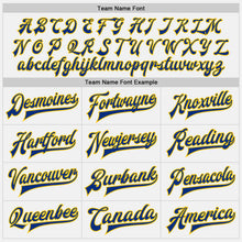 Load image into Gallery viewer, Custom White Yellow-Royal Bomber Full-Snap Varsity Letterman Jacket