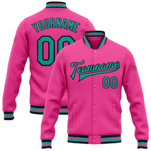 Load image into Gallery viewer, Custom Pink Aqua-Black Bomber Full-Snap Varsity Letterman Jacket