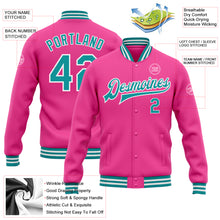 Load image into Gallery viewer, Custom Pink Teal-White Bomber Full-Snap Varsity Letterman Jacket