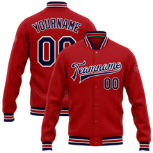 Load image into Gallery viewer, Custom Red Navy-White Bomber Full-Snap Varsity Letterman Jacket