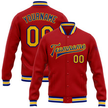 Load image into Gallery viewer, Custom Red Yellow-Royal Bomber Full-Snap Varsity Letterman Jacket