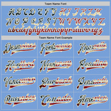 Load image into Gallery viewer, Custom Light Blue Vintage USA Flag Cream-Black Bomber Full-Snap Varsity Letterman Jacket