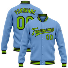 Load image into Gallery viewer, Custom Light Blue Neon Green-Black Bomber Full-Snap Varsity Letterman Jacket