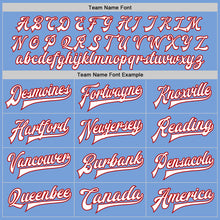 Load image into Gallery viewer, Custom Light Blue White-Red Bomber Full-Snap Varsity Letterman Jacket