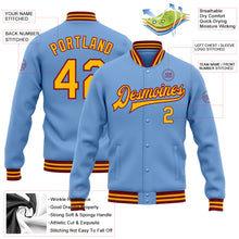 Load image into Gallery viewer, Custom Light Blue Gold-Crimson Bomber Full-Snap Varsity Letterman Jacket