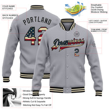 Load image into Gallery viewer, Custom Gray Vintage USA Flag Black-Cream Bomber Full-Snap Varsity Letterman Jacket