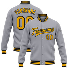 Load image into Gallery viewer, Custom Gray Gold-Black Bomber Full-Snap Varsity Letterman Jacket