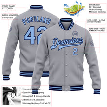 Load image into Gallery viewer, Custom Gray Light Blue-Navy Bomber Full-Snap Varsity Letterman Jacket