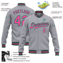 Load image into Gallery viewer, Custom Gray Pink-Kelly Green Bomber Full-Snap Varsity Letterman Jacket