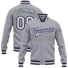 Load image into Gallery viewer, Custom Gray White-Navy Bomber Full-Snap Varsity Letterman Jacket