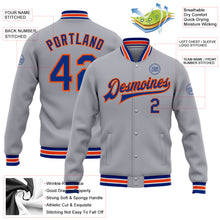 Load image into Gallery viewer, Custom Gray Royal-Orange Bomber Full-Snap Varsity Letterman Jacket