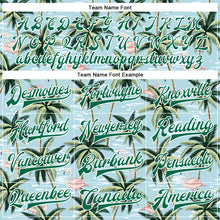 Load image into Gallery viewer, Custom Lakes Blue Kelly Green-White Flamingo And Tropical Hawaii Palm Tree 3D Bomber Full-Snap Varsity Letterman Jacket