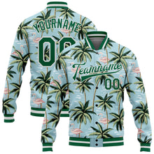 Load image into Gallery viewer, Custom Lakes Blue Kelly Green-White Flamingo And Tropical Hawaii Palm Tree 3D Bomber Full-Snap Varsity Letterman Jacket