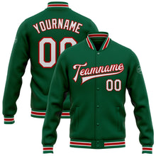 Load image into Gallery viewer, Custom Kelly Green White-Red Bomber Full-Snap Varsity Letterman Jacket