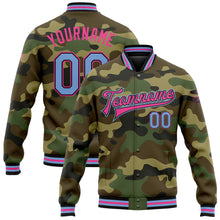 Load image into Gallery viewer, Custom Camo Light Blue Black-Pink Bomber Full-Snap Varsity Letterman Salute To Service Jacket