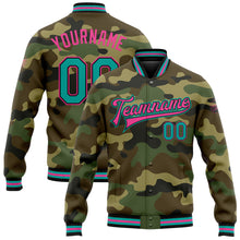 Load image into Gallery viewer, Custom Camo Aqua Black-Pink Bomber Full-Snap Varsity Letterman Salute To Service Jacket