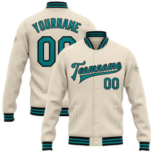 Load image into Gallery viewer, Custom Cream Teal-Black Bomber Full-Snap Varsity Letterman Jacket
