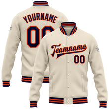 Load image into Gallery viewer, Custom Cream Navy-Orange Bomber Full-Snap Varsity Letterman Jacket