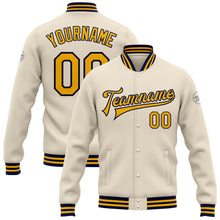 Load image into Gallery viewer, Custom Cream Gold-Navy Bomber Full-Snap Varsity Letterman Jacket