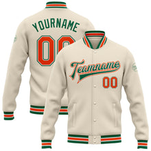 Load image into Gallery viewer, Custom Cream Orange-Kelly Green Bomber Full-Snap Varsity Letterman Jacket