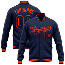 Load image into Gallery viewer, Custom Navy Orange Bomber Full-Snap Varsity Letterman Jacket