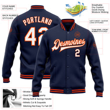 Load image into Gallery viewer, Custom Navy White-Orange Bomber Full-Snap Varsity Letterman Jacket