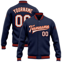 Load image into Gallery viewer, Custom Navy White-Orange Bomber Full-Snap Varsity Letterman Jacket