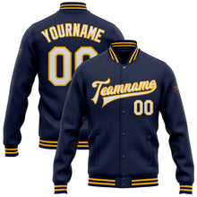 Load image into Gallery viewer, Custom Navy White-Gold Bomber Full-Snap Varsity Letterman Jacket