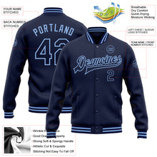 Load image into Gallery viewer, Custom Navy Light Blue Bomber Full-Snap Varsity Letterman Jacket