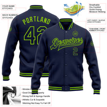Load image into Gallery viewer, Custom Navy Neon Green Bomber Full-Snap Varsity Letterman Jacket