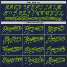 Load image into Gallery viewer, Custom Navy Neon Green Bomber Full-Snap Varsity Letterman Jacket