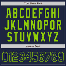 Load image into Gallery viewer, Custom Navy Neon Green Bomber Full-Snap Varsity Letterman Jacket