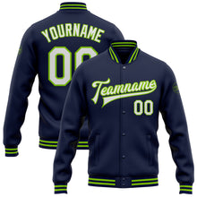Load image into Gallery viewer, Custom Navy White-Neon Green Bomber Full-Snap Varsity Letterman Jacket