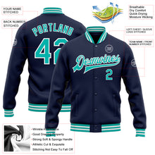 Load image into Gallery viewer, Custom Navy Aqua-White Bomber Full-Snap Varsity Letterman Jacket