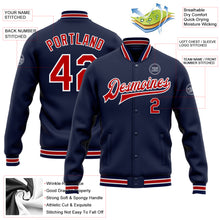 Load image into Gallery viewer, Custom Navy Red-White Bomber Full-Snap Varsity Letterman Jacket