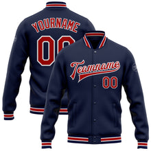 Load image into Gallery viewer, Custom Navy Red-White Bomber Full-Snap Varsity Letterman Jacket