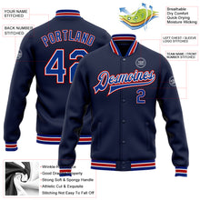 Load image into Gallery viewer, Custom Navy Royal-Red Bomber Full-Snap Varsity Letterman Jacket