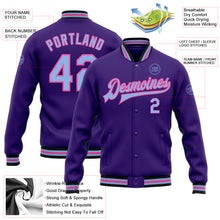 Load image into Gallery viewer, Custom Purple Light Blue Pink-Black Bomber Full-Snap Varsity Letterman Jacket