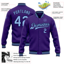 Load image into Gallery viewer, Custom Purple Light Blue-Navy Bomber Full-Snap Varsity Letterman Jacket