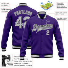 Load image into Gallery viewer, Custom Purple Gray-Black Bomber Full-Snap Varsity Letterman Jacket