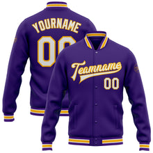 Load image into Gallery viewer, Custom Purple White-Gold Bomber Full-Snap Varsity Letterman Jacket