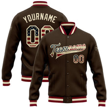 Load image into Gallery viewer, Custom Brown Vintage USA Flag Cream-Maroon Bomber Full-Snap Varsity Letterman Jacket