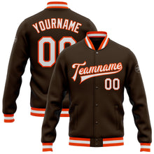 Load image into Gallery viewer, Custom Brown White-Orange Bomber Full-Snap Varsity Letterman Jacket